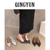 细跟高跟鞋 夏季 包头凉鞋 法式 女鞋 子2025新款 气质名媛黑色尖头单鞋