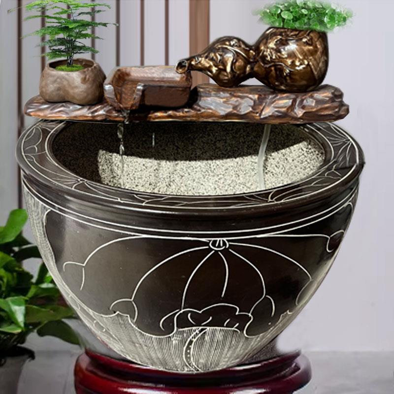 陶瓷鱼缸造景流水摆件葫芦流水罐开口增氧过滤器装饰品水景观摆件