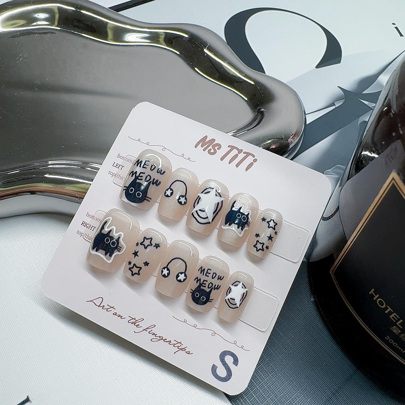 mstiti手工穿戴甲可爱卡通耳机小猫咪涂鸦手指甲贴片网红新款美甲