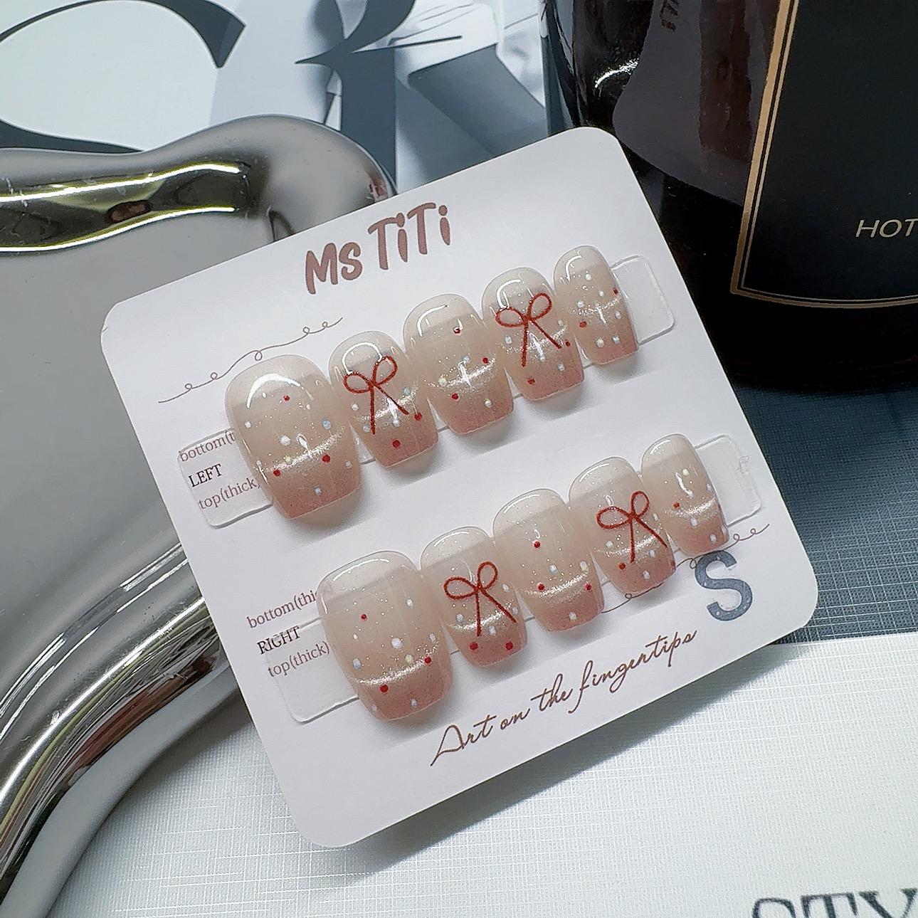 mstiti手工穿戴甲元气可爱粉色猫眼法式蝴蝶结显白短款学生百搭