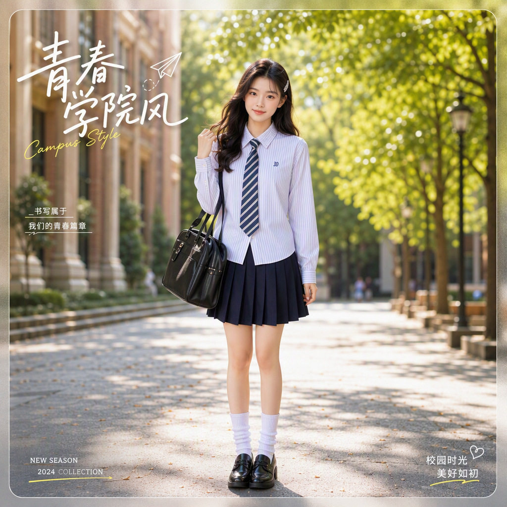 日系套装jk原创制服收腰长袖新款蓝色条纹衬衫学院风上衣刺绣衬衣