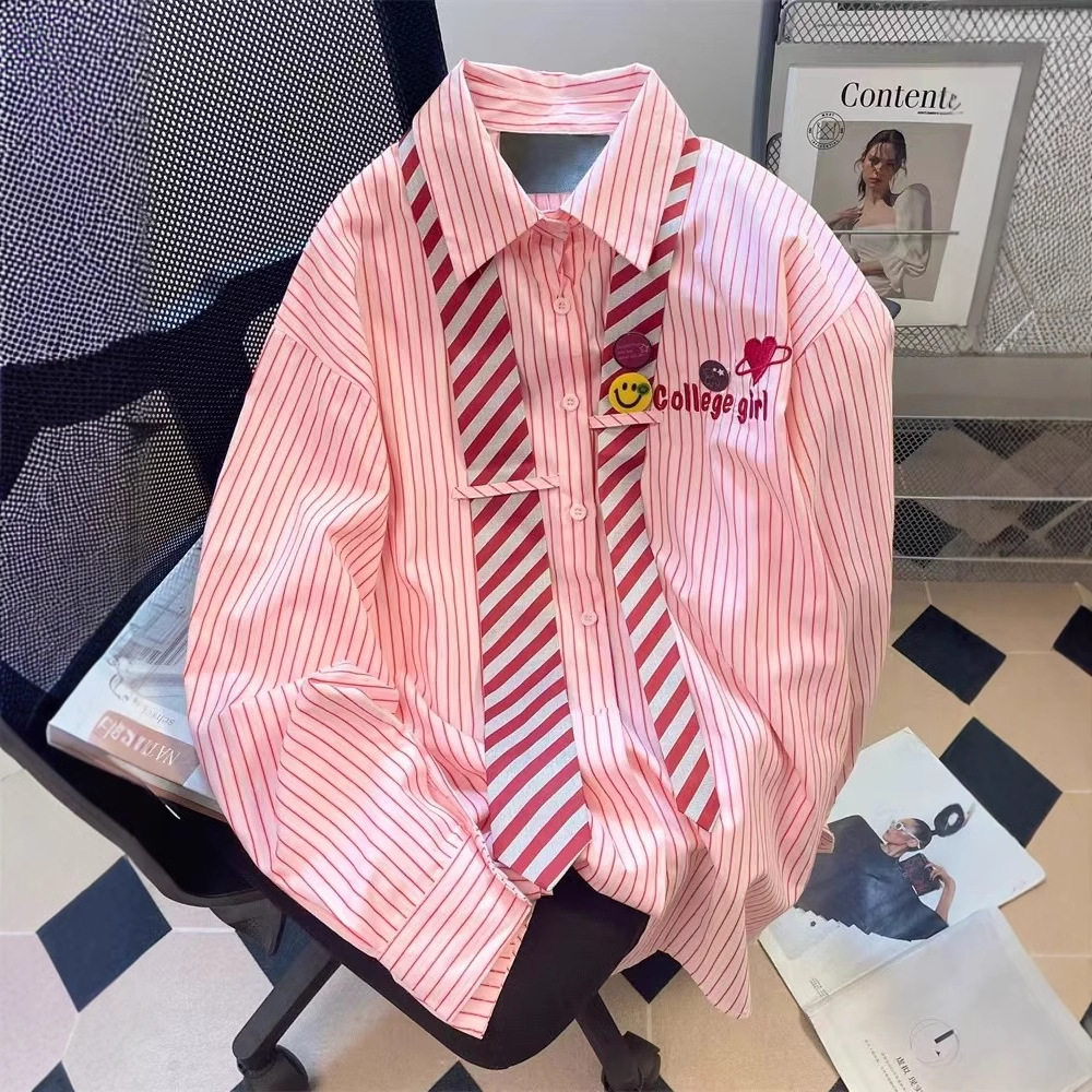 粉色条纹polo领长袖衬衫女款字母刺绣领带衬衣宽松中长款春秋上衣