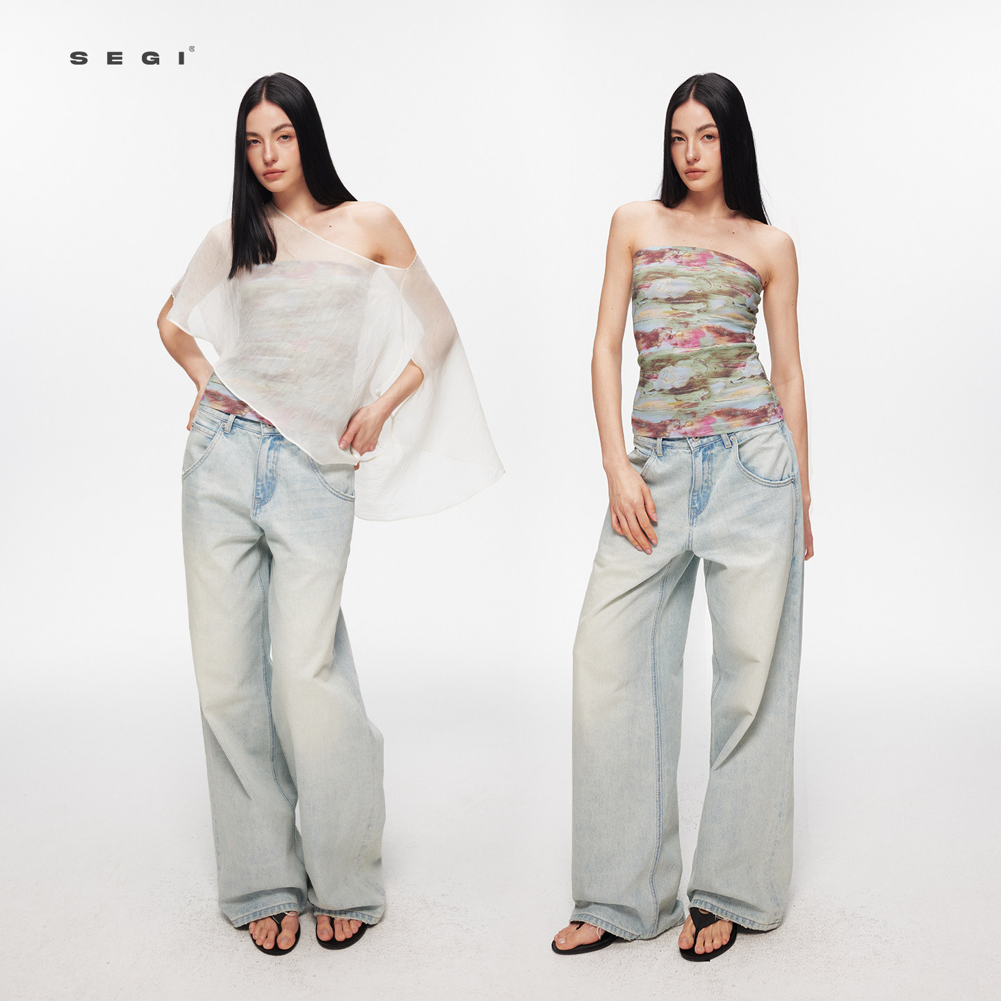 SEGI 天丝羊毛睡莲油画抹胸+多穿细闪不对称披风套装女百搭上衣