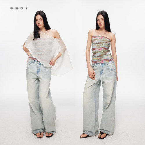 SEGI 天丝羊毛睡莲油画抹胸+多穿细闪不对称披风套装女百搭上衣