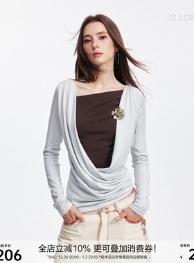 SEGI 原创设计早秋新款立体剪裁荡领假两件天丝女打底针织衫上衣