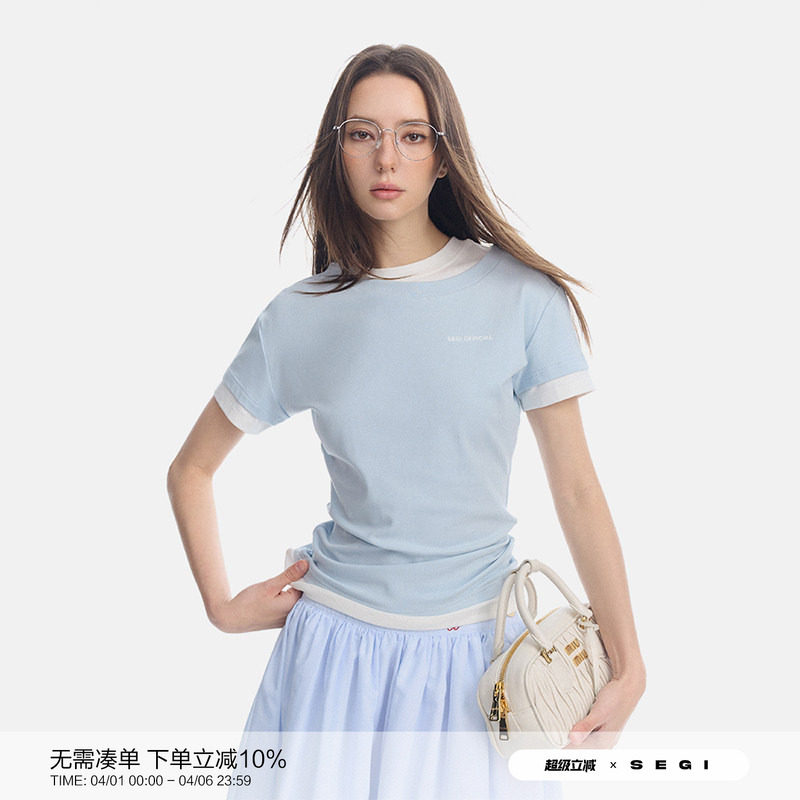 SEGI 原创设计春季新款拼接撞色正肩假两件短袖女修身百搭T恤半袖