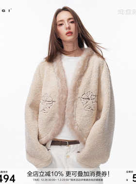 SEGI 原创设计冬季新款环保羊驼皮毛一体拼接蓝狐丘比特刺绣外套