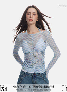 SEGI 早秋季新款原创蓝色网格网纱打底T恤女修身辣妹长袖上衣