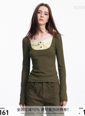 SEGI 秋季新款原创设计撞色拼接蕾丝明黄色假两件衬衫领长袖打底