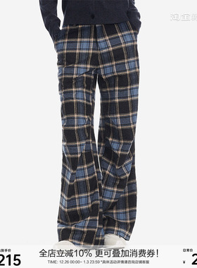 SEGI 原创设计秋季新款设计感格纹打褶裤休闲裤女宽松直筒裤子