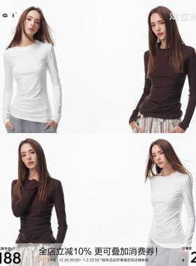 SEGI 原创设计冬季新款二色抽褶绒感基础针织打底女修身百搭上衣