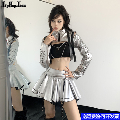 Kpop女团打歌服设计感银色套装爵士舞hiphop街舞舞蹈超酷表演服装