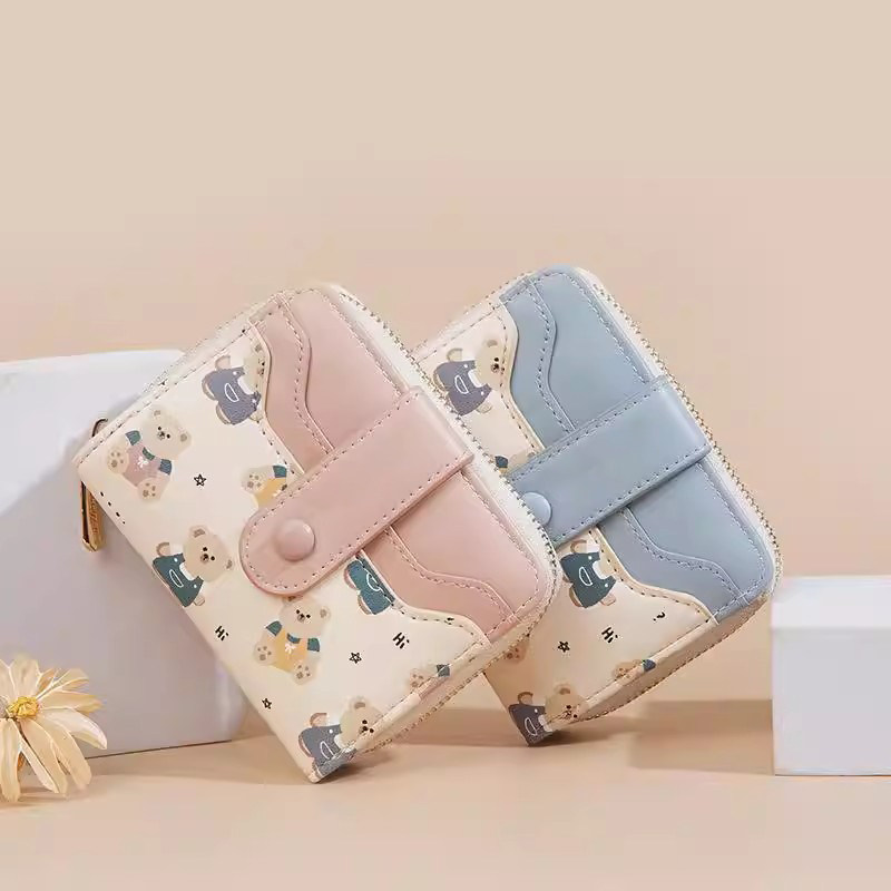 金金兔多功能小熊印花多卡位短款钱包女小众撞色学生硬币零钱包