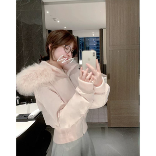 主推粉色毛领连帽短款棉服女冬季新款收腰保暖外套大毛领羽绒服