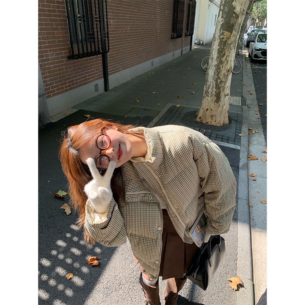 RAINY 短款立领格纹棉服秋冬女面包服抽绳保暖棉衣韩系复古厚外套