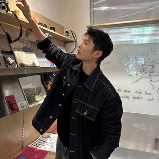 美式 马克斯星球 新款 牛仔外套夹克男秋季 街头休闲 深蓝色基础款