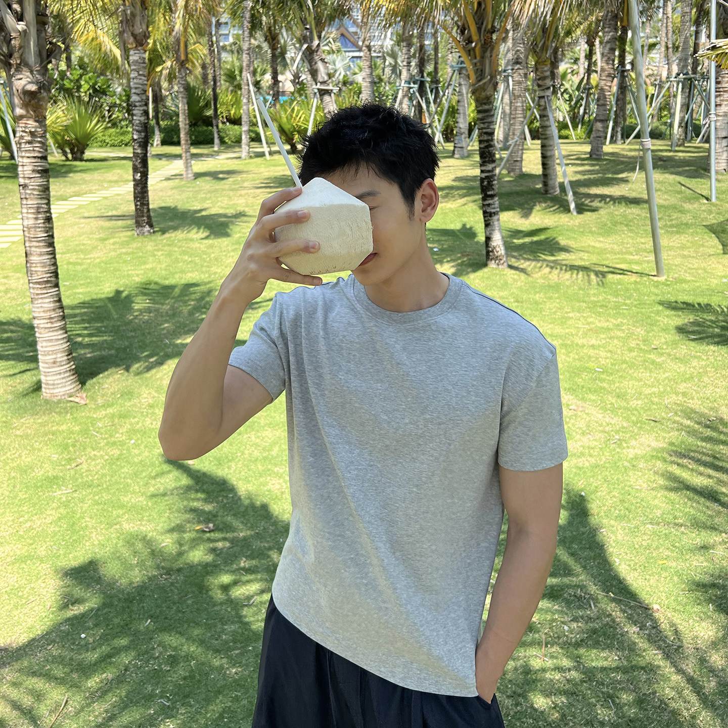 马克斯星球 简约宽松纯色短袖正肩T恤男夏季圆领运动休闲灰色上衣