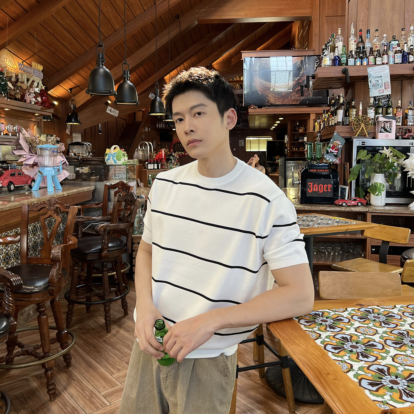 马克斯星球 老钱风高级感条纹冰丝针织短袖男夏季新款圆领休闲T恤