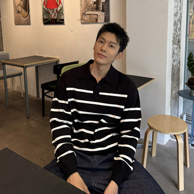 马克斯星球翻领毛衣条纹针织衫