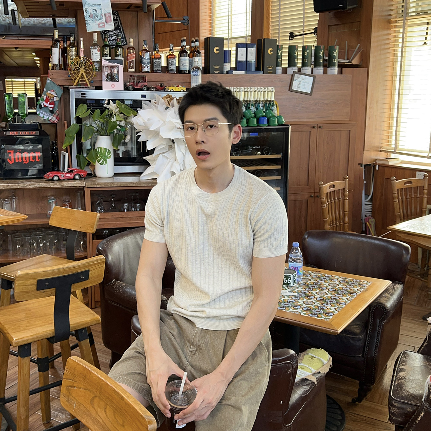 马克斯星球 老钱风纯色肌理感坑条冰丝针织短袖男夏季新款圆领T恤