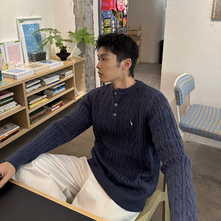 韩版 新款 简约宽松 小标刺绣单排扣亨利领毛衣男秋季 马克斯星球