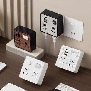 公正午纯铜插座86木纹无线转换器带USB夜灯插板多功能接线板排插