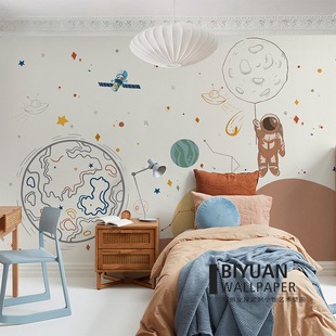 卡通壁纸星空宇航员儿童房墙纸定制壁画男孩卧室背景墙太空墙布