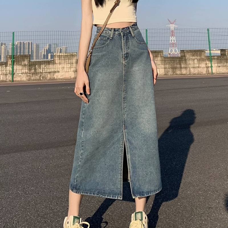 牛仔半身裙女夏季高腰包臀裙2023新款复古直筒宽松Aa字中长款半裙