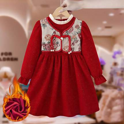 女童连衣裙秋冬2024新款儿童中国风拜年服新年裙子加绒加厚公主裙