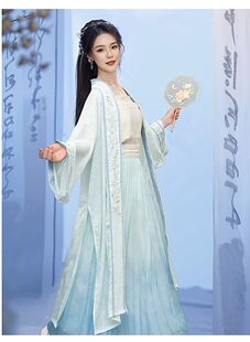 新款原创汉服春夏秋超仙对襟长衫青女蓝色刺绣马宋制百褶裙齐腰