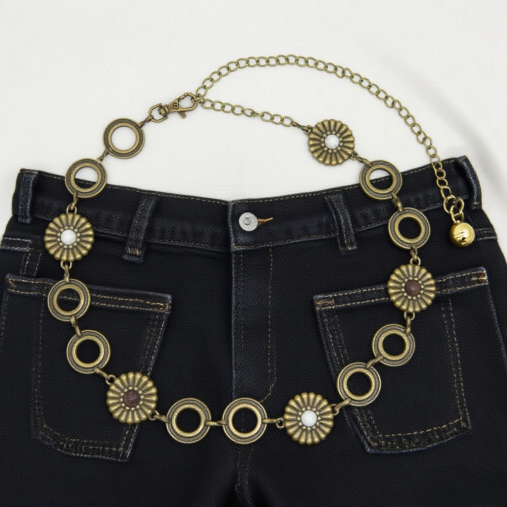 古铜色复古花朵腰链设计感民族风配饰女款配裙子黑色连衣裙牛仔裤