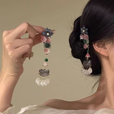 花摇长影新中式花朵长流苏发夹侧边刘海夹复古汉服配饰发饰女