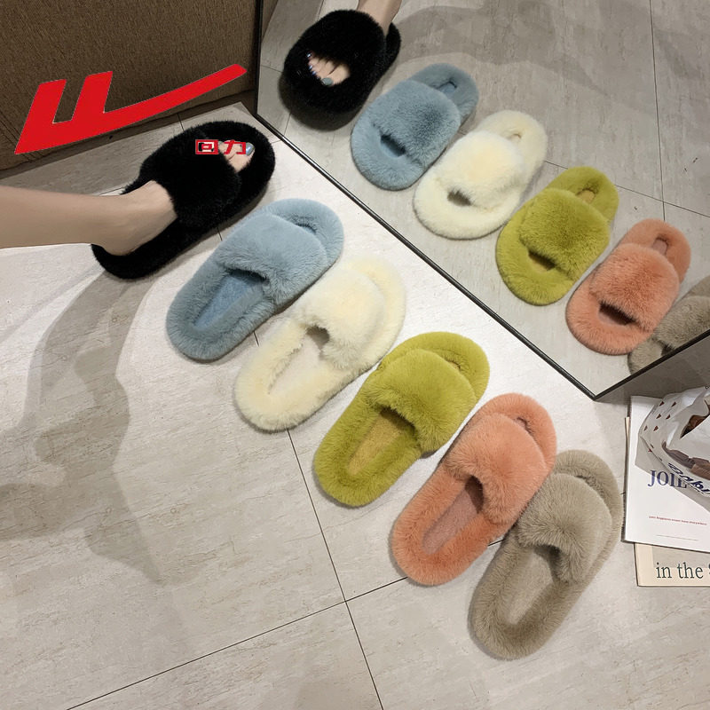 啄木鸟网红毛毛拖鞋女款轻便外穿新款秋冬室内居家懒人一字拖鞋