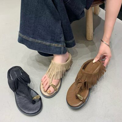 啄木鸟真皮夏季流苏厚底女一字拖