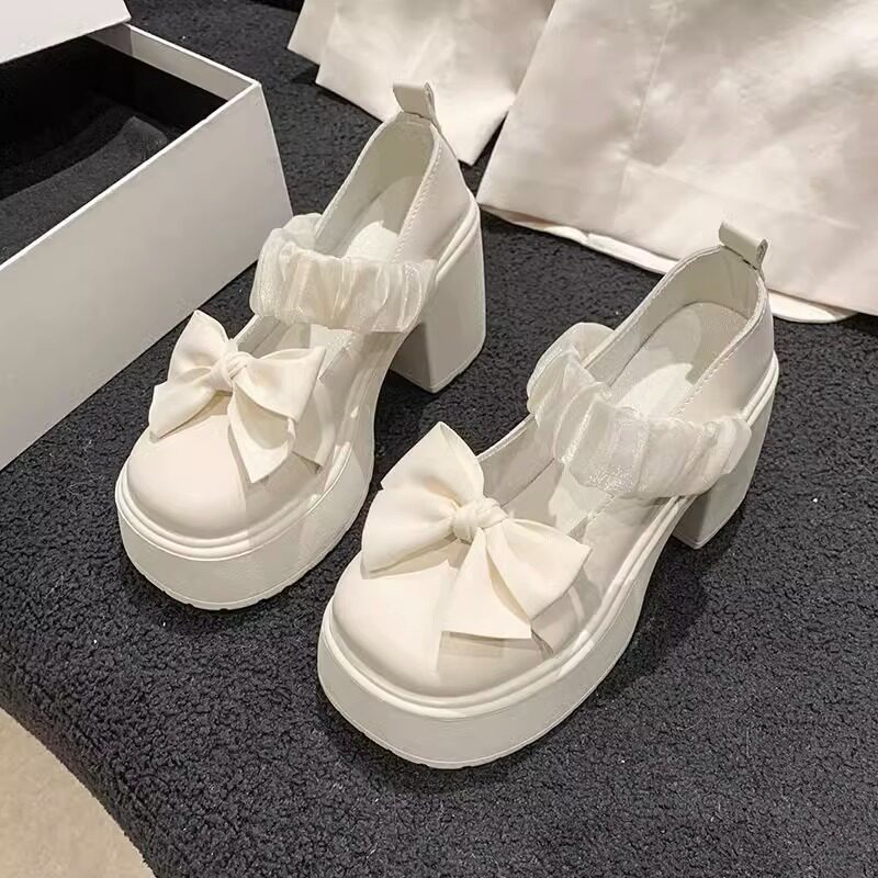 SHOEBOX/鞋柜法式玛丽珍小皮鞋女新款增高蝴蝶配裙子粗跟防滑单鞋