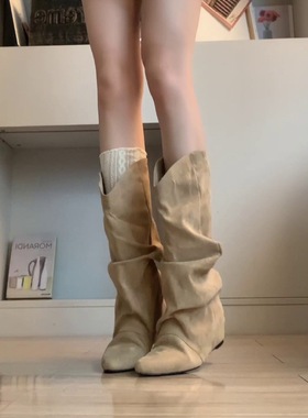 内增高尖头褶皱堆堆靴不过膝长靴女显瘦复古西部靴中筒靴