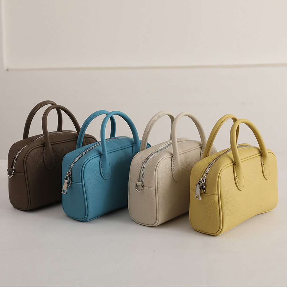 韩版头层牛皮保龄球包女包手提包斜挎包波士顿包真皮小包