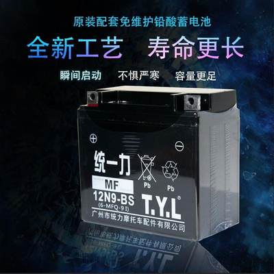 统一力TYL1125摩托电瓶N2V9钻豹太子跨86452骑车通用12v蓄电池12