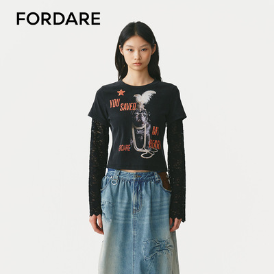 FORDARE/福蝶26早秋千金法斗复古感做旧T恤