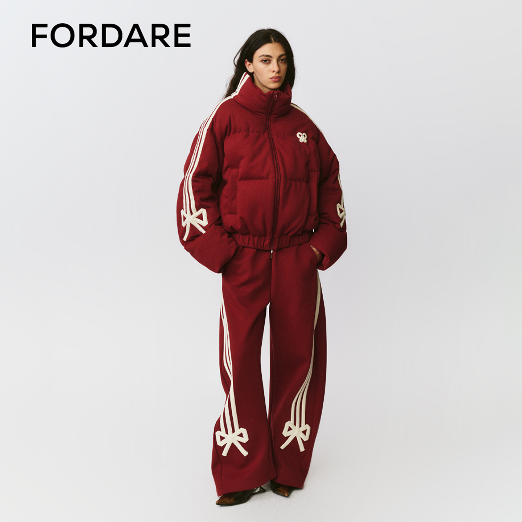 FORDARE/福蝶25秋冬红色蝴蝶结贴条运动羽绒服运动长裤