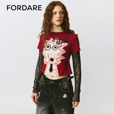 FORDARE/福蝶25早秋涂鸦感炸毛领带小狗T恤