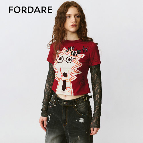 FORDARE/福蝶25早秋涂鸦感炸毛领带小狗T恤