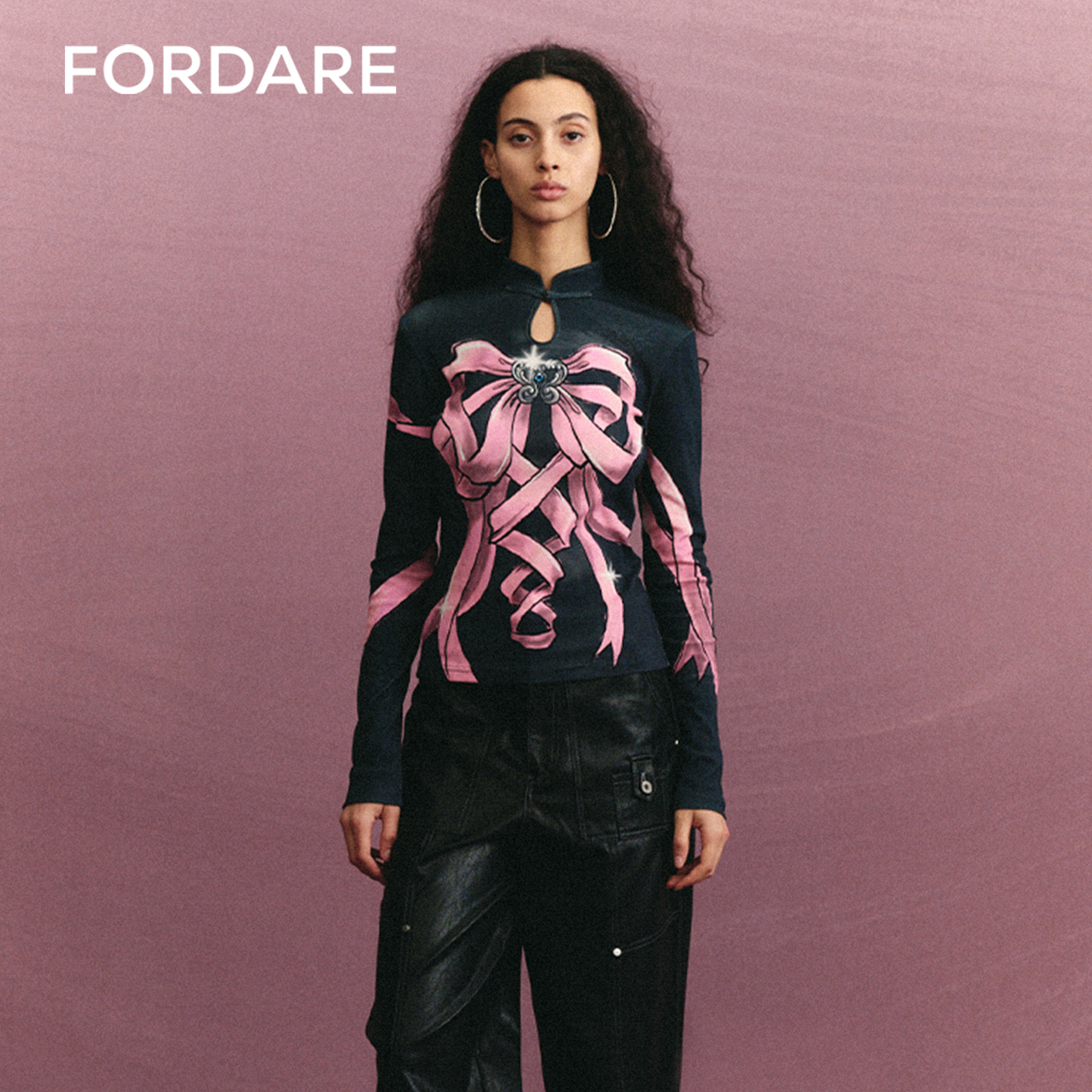 FORDARE/福蝶24秋冬蝴蝶结丝带旗袍领针织上衣