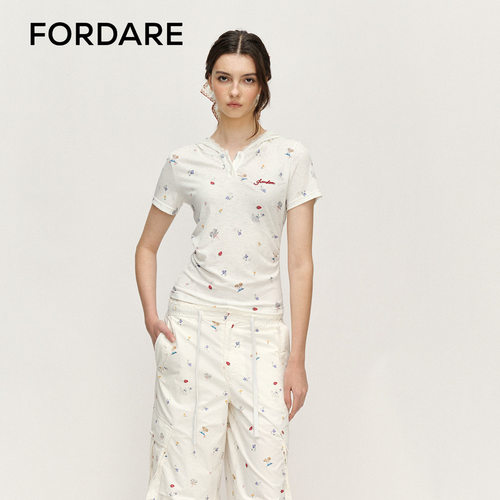 FORDARE/福蝶25春夏油画小狗蕾丝帽衫女士薄款短袖上衣