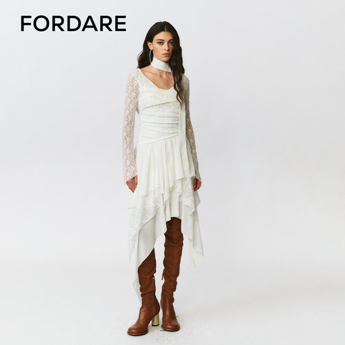 FORDARE福蝶25早秋蕾丝拼接抽褶长袖连衣裙