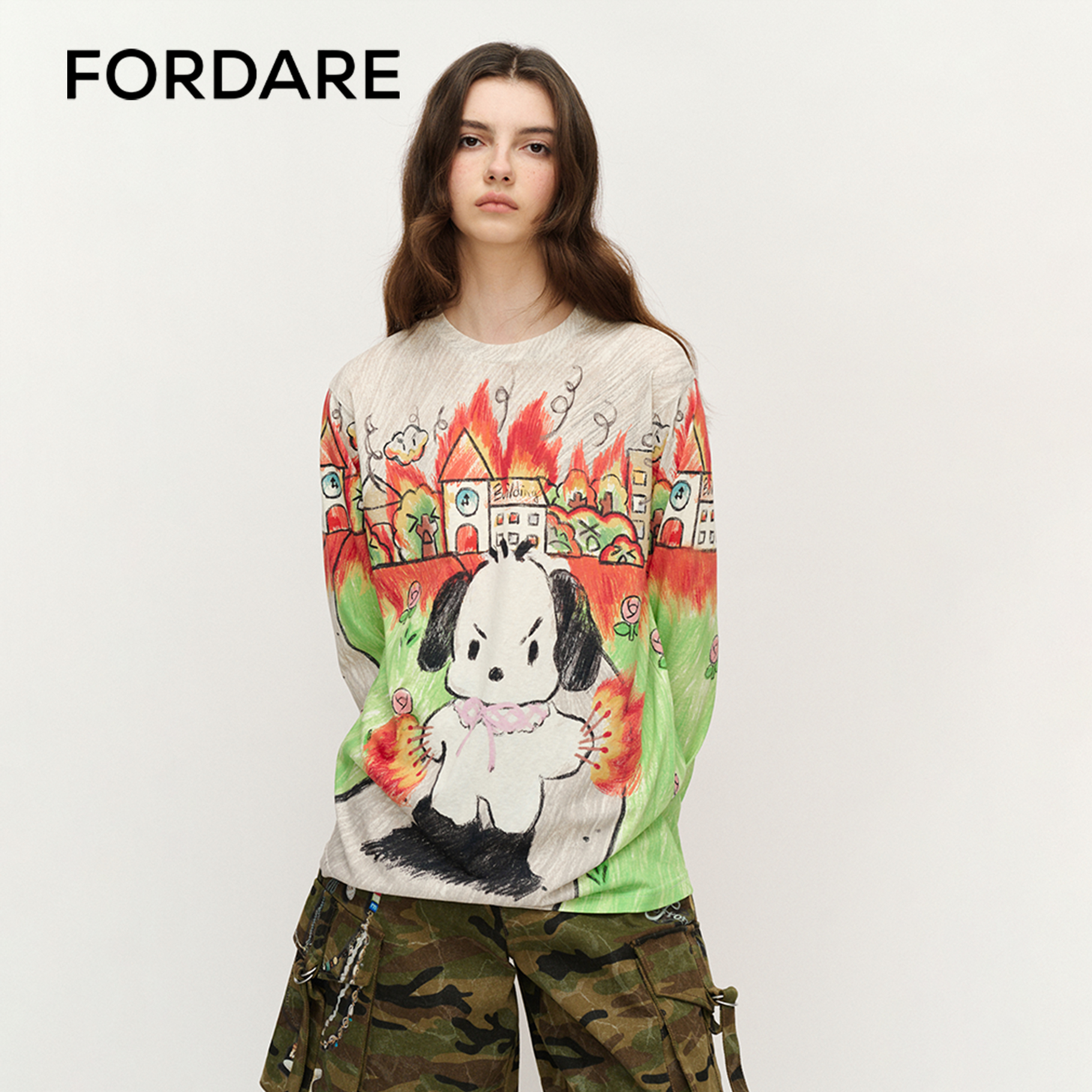 FORDARE趣味手绘炸街帕洽狗长袖
