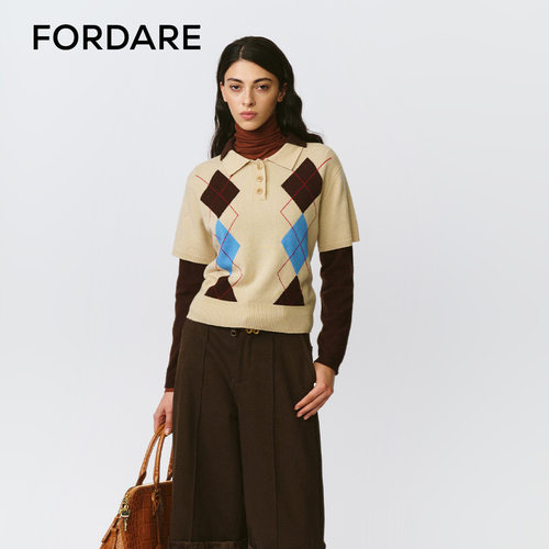 FORDARE/福蝶25秋冬假两件菱形格嵌花针织内搭