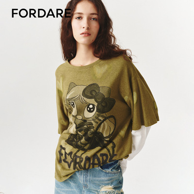 FORDARE/福蝶26早春涂鸦感捆绑小猫假两件长袖T恤