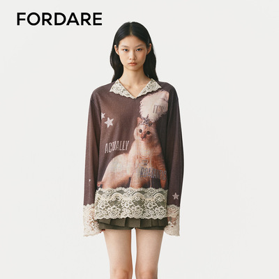 FORDARE/福蝶26早秋慵懒猫殿下复古蕾丝V领衫