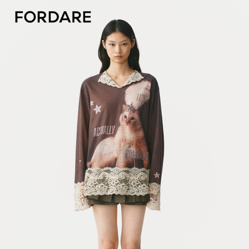FORDARE/福蝶26早秋慵懒猫殿下复古蕾丝V领衫